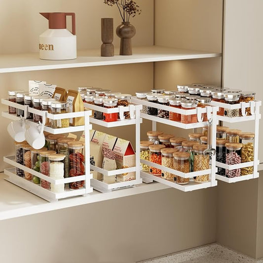 Magheo Pull Out Spice Rack Organizer for Cabinet, 4 Pack Metal Seasoning Organizer Slide Out Spice Storage Shelf No Assembly Vertical Spice Rack Pullout for Kitchen & Bahthroom No Drill(2 Tier,White)