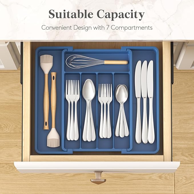 Lifewit Silverware Drawer Organizer, Expandable Utensil Tray for Kitchen, BPA Free Flatware and Cutlery Holder, Adjustable Plastic Storage for Spoons Forks Knives, 8.5"-14.1" x 12.1", Dark Blue