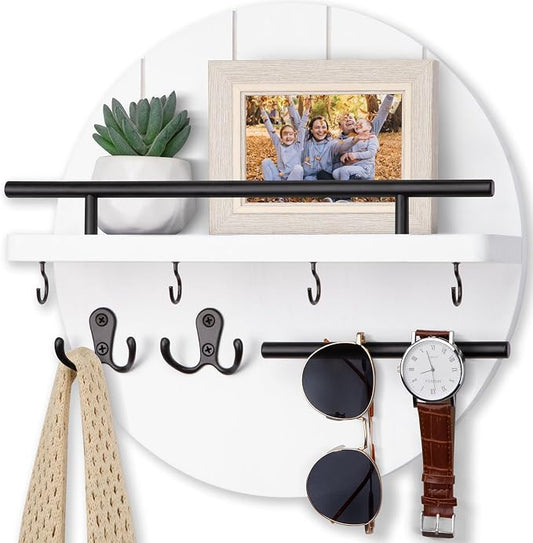 Nekon Rustic Wall Mount Key Organizer, 11.8 Inch Rack with Shelf and 6 Hooks, Circular Wooden Key Hanger for Entryway Hallway Kitchen (White)