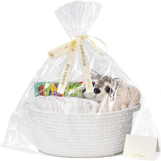 CHICVITA Woven Basket for Gifts with Bags & Ribbon, Dog Toy Basket, White | 12"x 8"x 5" Rope Gift Basket Empty to Fill for Baby Shower, Gift Basket for Organizing, Holiday Basket, Toy Storage for Kids