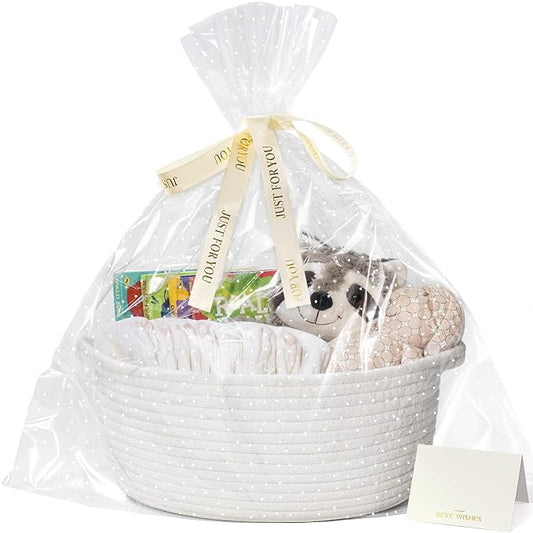 CHICVITA Woven Basket for Gifts with Bags & Ribbon, Dog Toy Basket, White | 12"x 8"x 5" Rope Gift Basket Empty to Fill for Baby Shower, Gift Basket for Organizing, Holiday Basket, Toy Storage for Kids