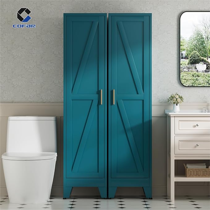 COFaR 67'' Tall Slim Bathroom Storage Cabinet, Metal Narrow Pantry Cabinet with 4 Adjustable Shelves and One Door, Skinny Cabinet Storage for Kitchen Laundry, Peacock Blue Farmhouse 5 Tiers