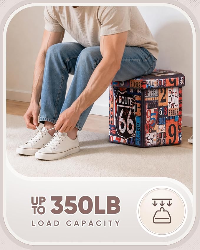 B FSOBEIIALEO Route 66 Storage Ottoman Hexagonal, Faux Leather Foot Rest Seat for Living Room, Storage Organizer 16.93"x15"x15"