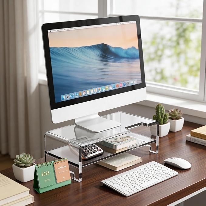 Acrylic Monitor Stand Riser Clear Laptop Stand 2-Tier L16 xW7.5 xH4.7 | Computer Monitor Stand Laptop Riser with Storage, Compatible with All Notebooks and Monitors, Desk Organizer for Home Office