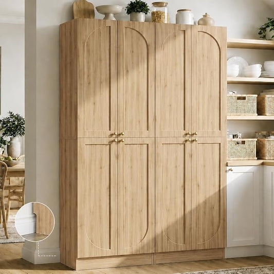 Cyclysio 80" Kitchen Pantry, Extra Tall Arch Storage Cabinet with 8 Soft Close Doors and Adjustable Shelves, Freestanding Wood Cupboard with Seamless Fit Wall for Dining Living Room Bathroom Furniture