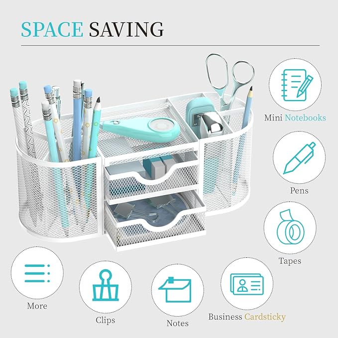 Mesh Desk Organizer, Desk Organizers and Accessories, Pen Holder with Drawers, Pencil Holder for Desk with 2 Drawer for Office Supplies, White
