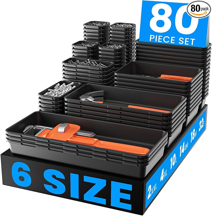 【𝟲𝗦𝗜𝗭𝗘 & 80PCS】A-LUGEI Tool Box Organizer【Fits 100+ Tools】 Black Garage Organization and Storage Tray Divider Set, Desk Drawer Organizer, Toolbox for Rolling Tool Chest Cart WorkBench Small Part