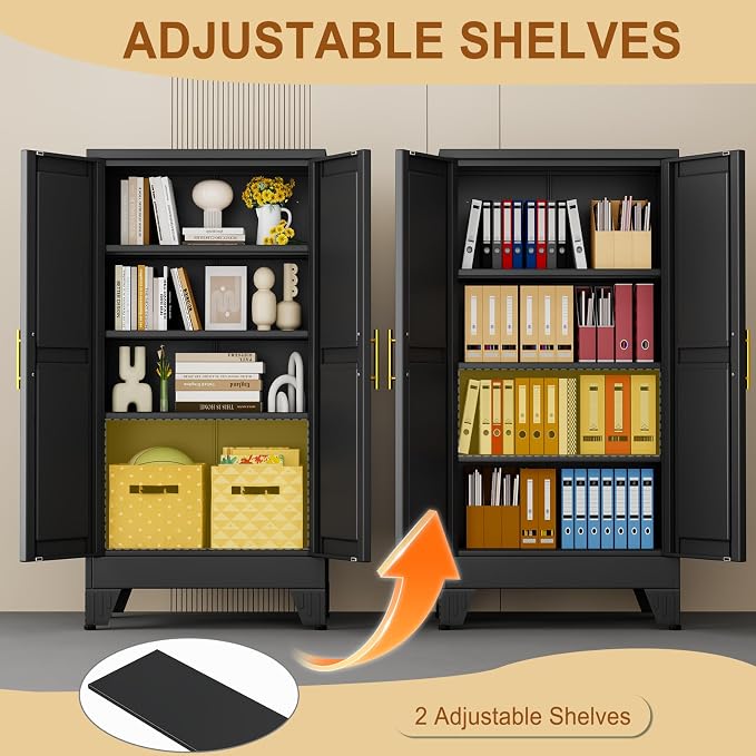 47" Black Metal Storage Cabinet with 2 Doors and 3 Adjustable Shelves,Steel Garage Tool Cabinet, File Cabinet,Kitchen Pantry Cabinet for Home,Office,Garage,School,Warehouse
