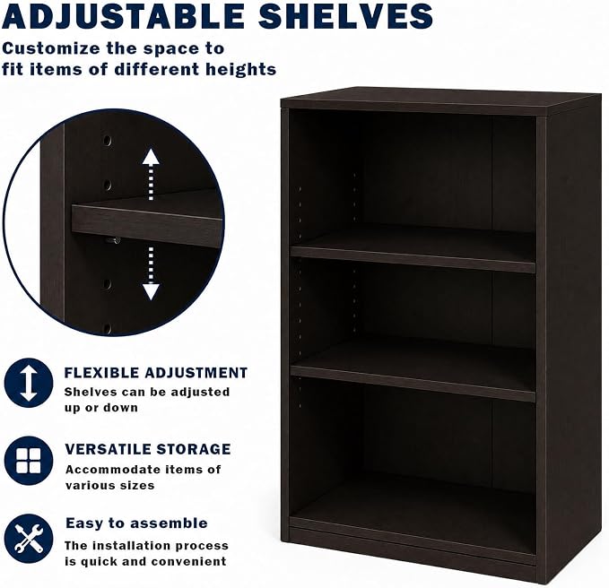 CTESNE【2026 Adjustable Shelves 3-Tier Bookcase, 71 inches, Wooden Open Display Floor Bookshelf (Chocolate Color)