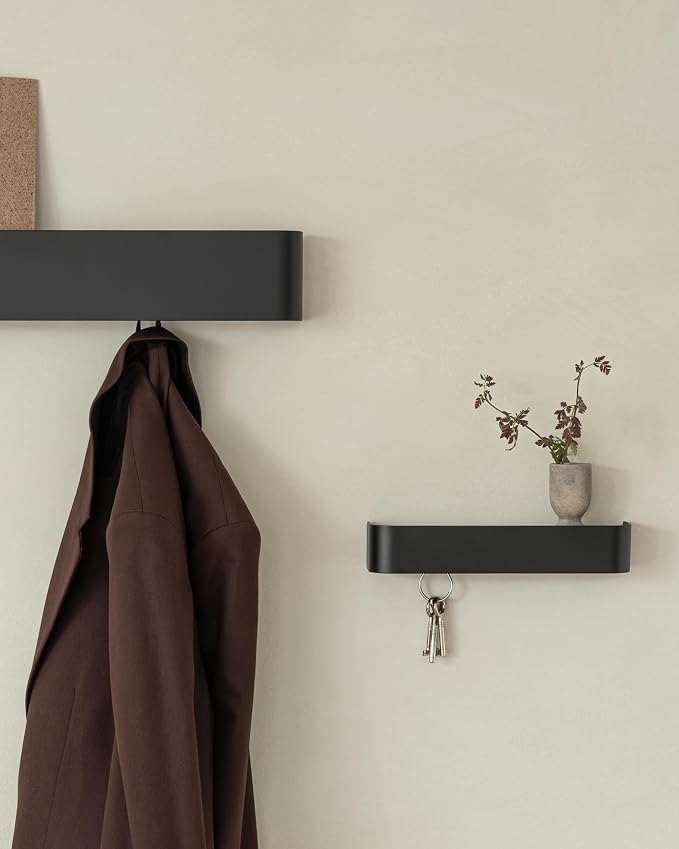 Kazai. Key Holder for Wall 'Tone' | Minimalist Key Hooks Design from Berlin | Modern Key Hanger with Metal Shelf | Key Hook Wall Mounted as Hallway Furniture | Black