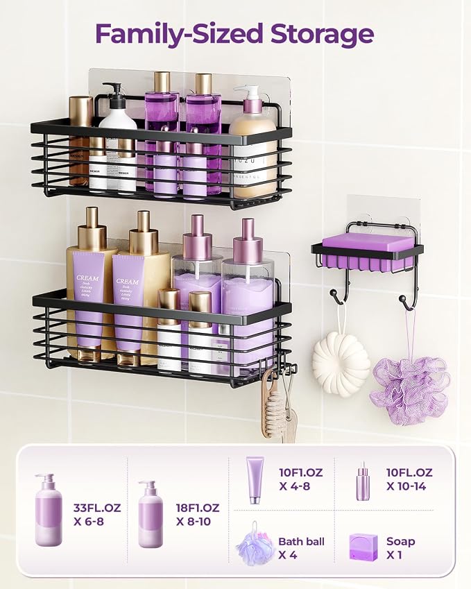 ODesign Shower Shelves Adhesive 3 Pack Stainless Steel Storage Shelve-Black | No drilling wall mounted,rust-resistant,large capacity,quick drainage,easy to clean,suitable for bathrooms and kitchens