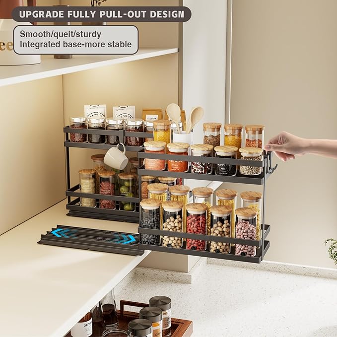 Magheo Pull Out Spice Rack Organizer for Cabinet, 2 Pack Metal Seasoning Organizer Slide Out Spice Storage Shelf No Assembly Vertical Spice Rack Pullout for Kitchen & Bahthroom No Drill(2 Tier,Black)