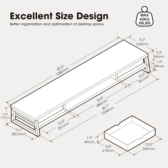 Fenge Dual Monitor Stand Riser, 42.5in Desk Shelf with 2 Drawers, Black | 2-Tier Monitor Shelf for Desk, Storage Drawer with Stopper, Frosted, fit Home Office, Ultrawide Screen, PC, Laptop, TV