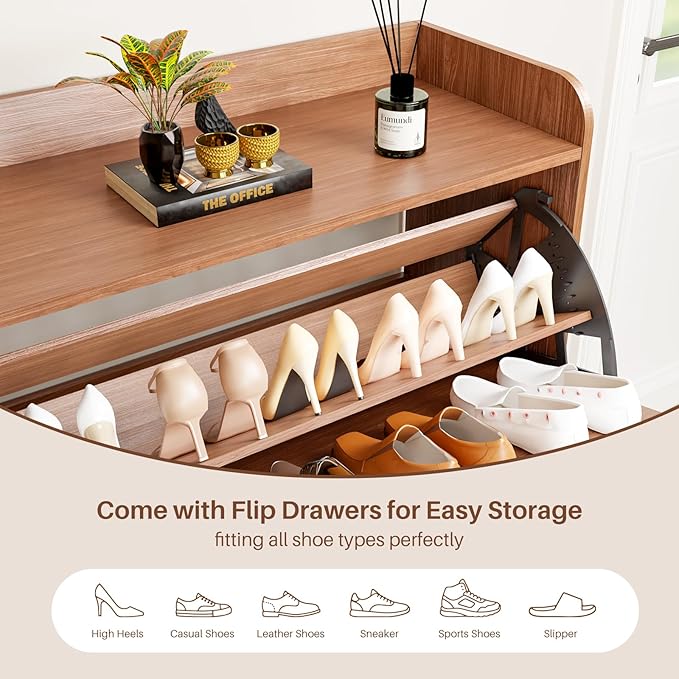 YZ HOME Shoe Storage Cabinet with 2 Flip Drawers | Entryway Shoe Cabinet, Metal Hooks & Adjustable Shelves, Freestanding Narrow Shoe Rack for Hallway Foyer, Walnut