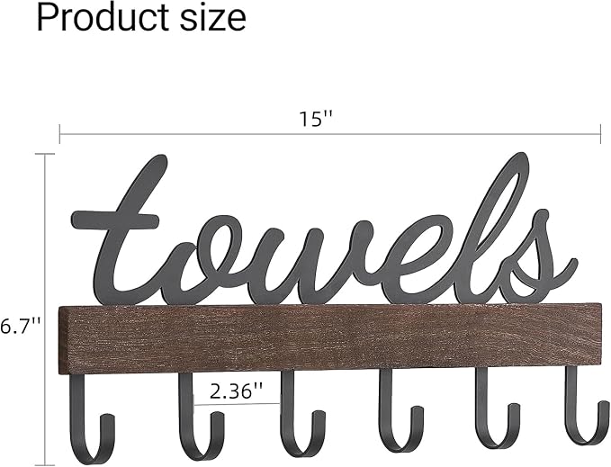 Dahey Small Towel Rack with 6 Hooks Wall Mounted Wooden Holder for Bathroom | Rustic Wood & Metal Hooks, Easy Mount, Space-Saving, Versatile Storage, Hanger for Bathrobe Clothes, Farmhouse Bathroom Decor