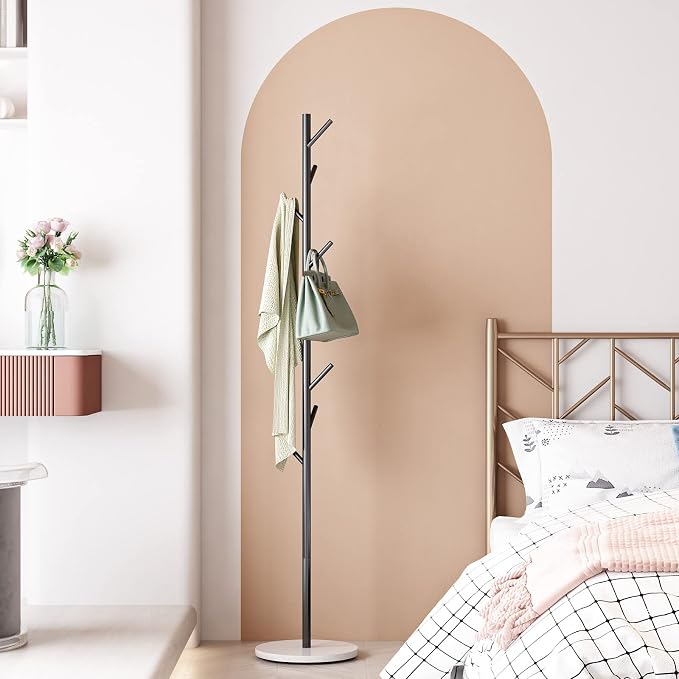 DOORXIFO Black Metal Coat Rack, Freestanding with Hooks, Entryway Coat Rack Stand, Coat Racks with Marble Base, Coat Tree for Hanging Clothes, Hats, Bags | Modern Hat Rack, Easy to Assemble, Heavy Stable Marble Base