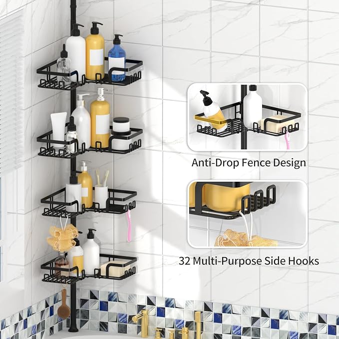 KEGII Shower Caddy Corner Tension Pole, Bathroom Organizer, 4-Tier Black | Rustproof Adjustable Rod with Floor to Ceiling Design, 25-114.2 inch Fit for Shampoo, Bath Essentials and Corner Storage
