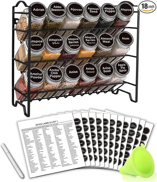 SWOMMOLY Spice Rack Organizer with 18 Spice Jars 4 oz, 396 Spice Labels | Chalk Marker, Funnel Set, Spice Organizer for Cabinet, Countertop, Pantry, Cupboard & Wall Mount, 11.2" W × 9.9" H, Black