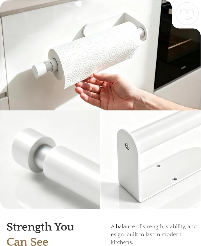 Paper Towel Holder Under Cabinet Adhesive or Drilling White | Drill Wall Mount or Adhesive, Easy Roll Loading, Heavy Duty, Stainless Steel Paper Towel Roll Rack for Kitchen, Bathroom