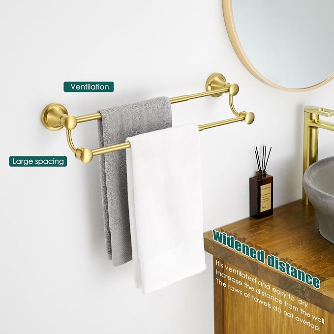 Hoimpro Double Towel Bar Towel Rack for Bathroom Wall Mounted Brushed Gold | Adjustable 16-26 In,Wall Mounted Towel Holder, Stainless Steel, Rustproof, Towel Rod Hanger Hardware Accessories Hotel