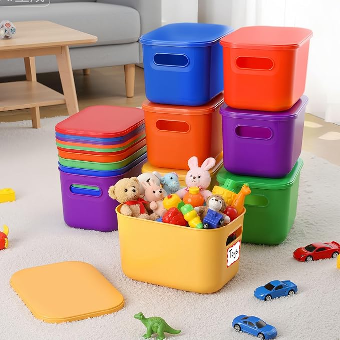 Thyle 12 Pack Colorful Plastic Storage Bins with Lids 7 Quart Vibrant Colored Toy Storage Box Stackable Nestable Organizer Box with Handle and Label for Classroom Shelf Bedroom Desktop School Supplies