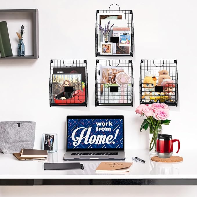 DILIBRA 4 Packs Hanging Wall File Organizer, Foldable Magazine File Holder | Wall Magazine Holder with Handle and Tag Slot, Metal Wall Mounted Mail Organizer Rack Folder Holder for Document Office Door