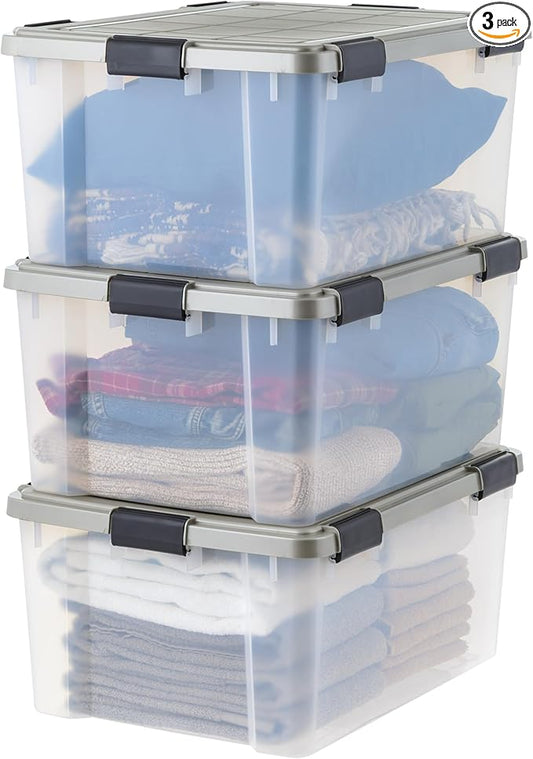 IRIS USA 3-Pack 60 Qt Storage Bins with Gasket Lids, Clear/Chrome | WeatherPro seal helps protect bulky items for moving, garage, attic and basement storage