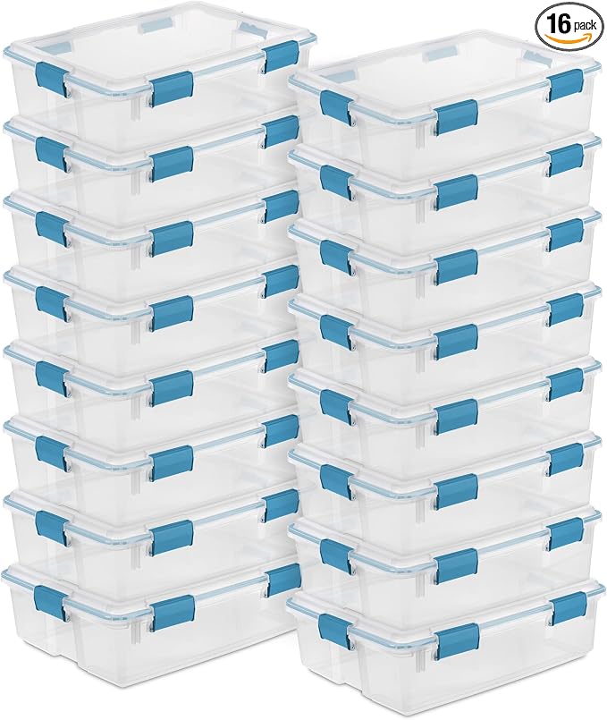 Sterilite Gasket Storage Box with Lids for Home & Office, 37 Quart, 16-Pack | Heavy-Duty, Stackable, and Organizing Containers for Bathroom, Cabinet, Closet, and Garage, Clear and Blue Aquarium Latches