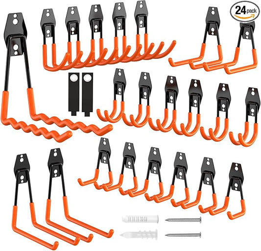 Garage Hooks Heavy Duty Garage Storage Hooks 24 Pack, Utility Steel Wall Mount Hook with Non-Slip PVC Coating Garage Organization for Bike, Ladder, Tools, Hose