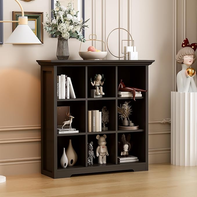 OSCHF 9-Cube Open Bookcase with Base, 3-Tier Wooden Bookshelf, Black | Curved Base, Crown Molding, Fits 11×11" Bins, Modern Storage Cabinet for Living Room, Bedroom, Home Office