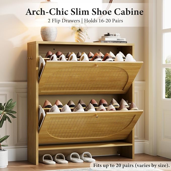 Nicetree Arch-Chic Shoe Cabinet for Entryway, Modern Mid-Century Shoe Storage Cabinet with Fluted, Narrow Shoe Rack with Adjustable Shelves & Tipping Protection, Fits Size 13.5 Shoes,Natural Oak