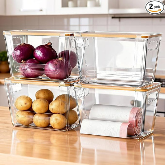 2 Pack Pantry Storage Containers for Onions, Potatoes and Trash Bags | Clear Design for Easy Access, Premium Bamboo Lid, Multi-Functional & Stackable Storage