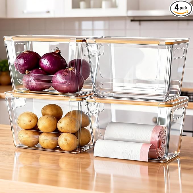 4 Pack Pantry Storage Containers for Onions, Potatoes and Trash Bags | Clear Design for Easy Access, Premium Bamboo Lid, Multi-Functional & Stackable Storage