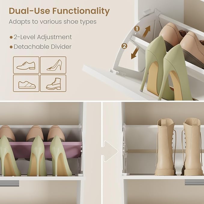 Modern Shoe Cabinet Organizer with 4 Flip Drawers, 47.2" W White | Freestanding shoe storage cabinet for entryway,foyer and hallway, space-saving flip drawers,Adjustable Shelves & 2 Hooks