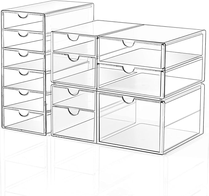 DOMNIU Acrylic Makeup Drawer Storage Organizer with 13 Drawers, 3 Set | Office Desk Organization and Storage, Dustproof Drawer Organizer for Makeup, Countertop, Jewelry, Desktop, Bathroom, Bedroom