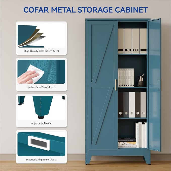 COFaR 61'' Tall Metal Storage Cabinet, Farmhouse Kitchen Pantry Cabinet with Doors and 3 Adjustable Shelves, Metal Pantry Storage Cabinets for Kitchen, Laundry, Peacock Blue 4-Tier