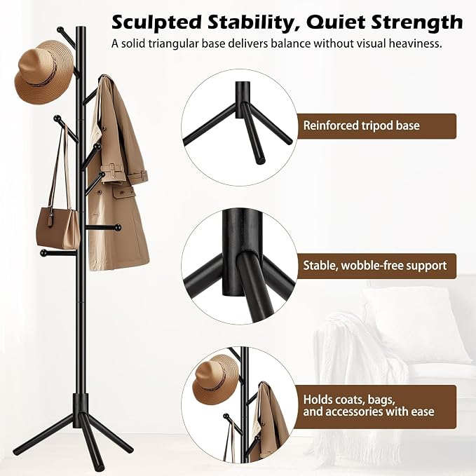 Wooden Coat Rack Freestanding, Adjustable Height Solid Wood Clothes Stand with 8 Ball-End Hooks, Stable Tripod Base, 5.7FT Floor Coat Tree for Entryway Bedroom Office, Black