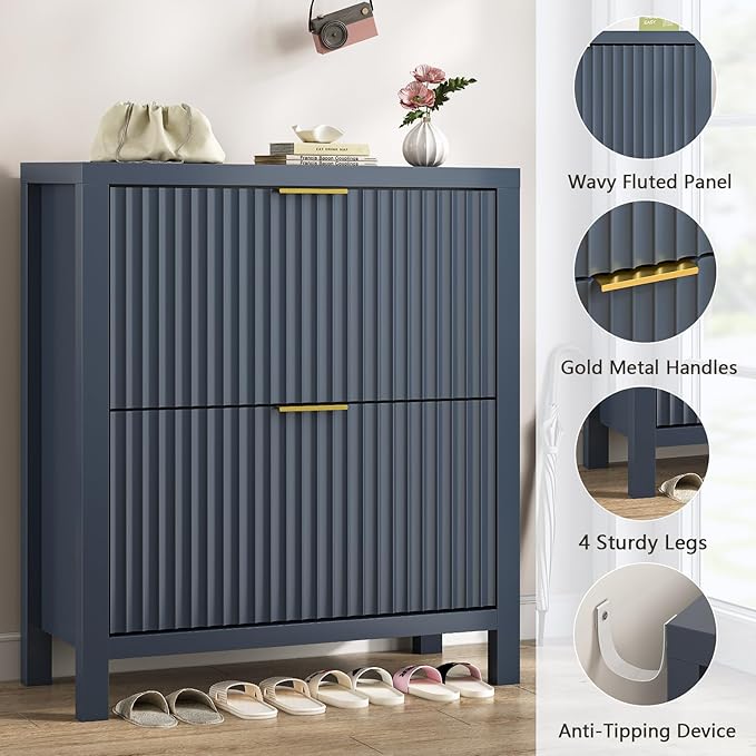 Fluted Shoe Cabinet Storage with 2 Flip Drawers for Entryway, Hallway | Narrow Shoe Rack Freestanding Shoe Organizer with Legs for Entryway，Hallway, Blue