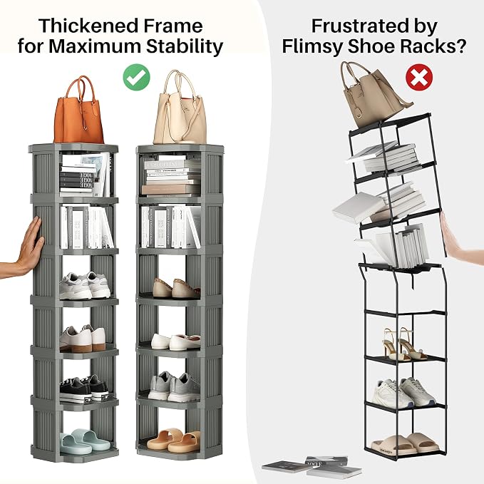 Kitstorack 8-Tier Vertical Plastic Shoe Rack, Freestanding Stackable Shoe Storage Organizer Cubes Shoe Shelf Tower or Small Closets and Tight Spaces, Gray