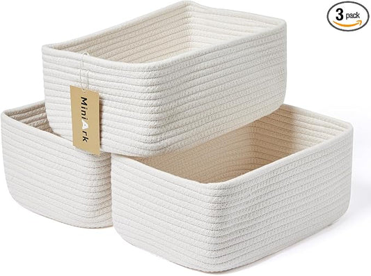 MiniArk Small Storage Baskets for Organizing | Closet Organizer Bins | Shelf Toy Basket | Woven Rope Baskets | Cube Decorative Box | Shallow Basket | 11.5x7.5x4.7” | 3 Packs Off White