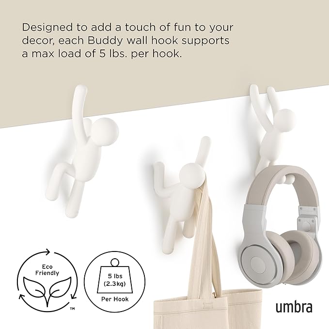 Umbra Buddy Wall Hooks, Decorative Wall Mount Coat Hooks, Set of 3, White | Easy install with hardware, holds 5lbs per hook, entryway bedroom bathroom dorm, playful hanging storage, recycled plastic