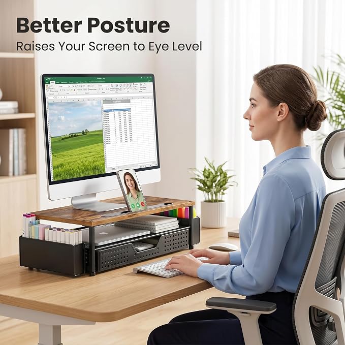 Desk Organizer and Accessories, 2-Tier Computer Monitor Stand Rise with Phone Holder, Drawer & 2 Pen Holders, Laptop & Printer Stand for Desktop, Workspace Organizers for Office Supplies (Brown Wood)