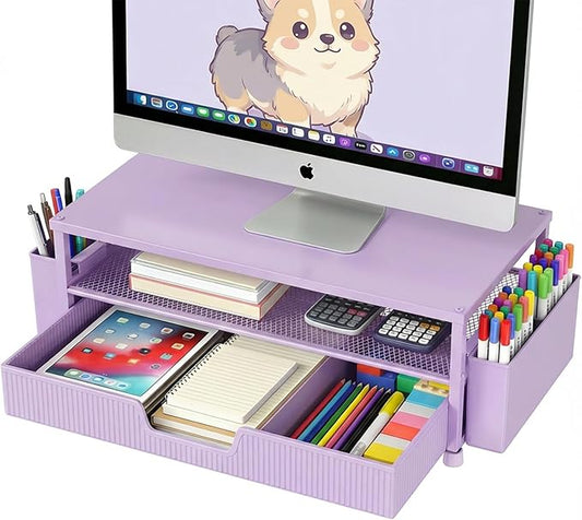 ECOLOVI Desk Organizer and Accessories, 2-Tier Computer Monitor Stand Rise with Storage Drawer & 2 Pen Holders, Laptop & Printer Stand for Desktop, Workspace Organizers for Office Supplies (Purple)