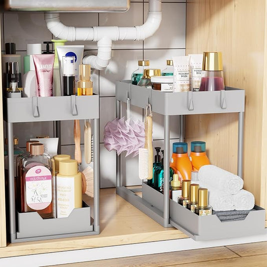 Simple Trending Under Sink Organizer 2 Pack, Sink Pull-Out Sliding Storage Cabinet, 2-Tier Under Shelf Organizer for Kitchen Bathroom, Grey