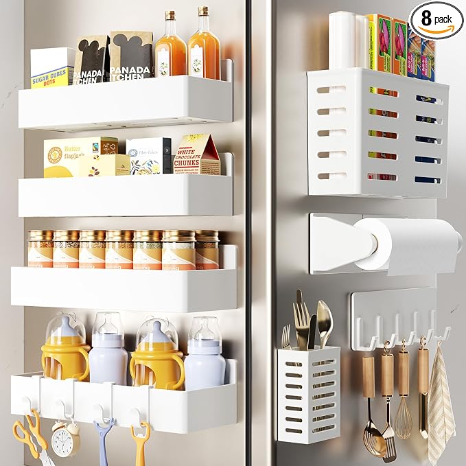 Magnetic Spice Rack for Refrigerator,8 Pack Magnetic Shelf,Fridge Magnet Organizer with Paper Towel Holder,Utensils Racks,Hook Rack,Deepened Basket,Fridge Organizers and Storage White(8 Pack)