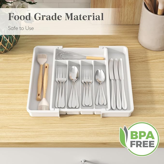 Lifewit Silverware Drawer Organizer, Expandable Utensil Tray for Kitchen, BPA Free Flatware and Cutlery Holder, Adjustable Plastic Storage for Spoons Forks Knives, 8.5-14 x 12", White