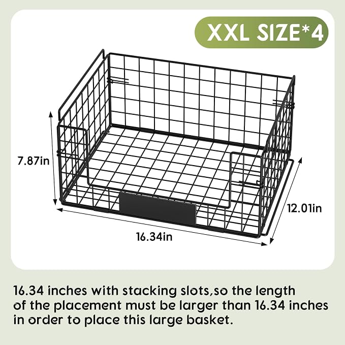 JKsmart 4 Pack XXL Stackable Wire Baskets for Pantry Organizers and Storage | Vegetable and Fruit Basket with Name Plates & Handles, Kitchen Pantry Organizer for Snack Can Fruit Veggies