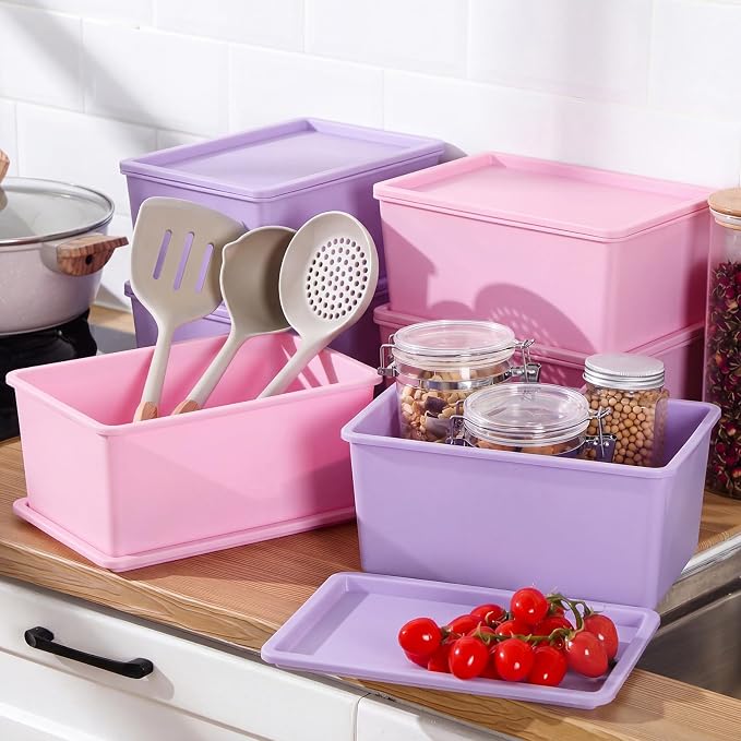 6 Pcs Storage Bins with Lids Small Plastic Storage Containers Stackable Storing Baskets Box Cute Organizer Bins for Organizing Shelves (Pink,Purple,Orange)