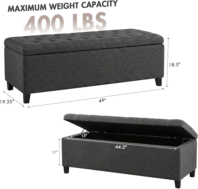 Madison Park 49" Upholstered Storage Bench, Button Tufted End of Bed Bench with Storage, Dual Spring Soft-Close Lid, Bedroom Bench for Queen King Bed, Entryway Living Room, Charcoal