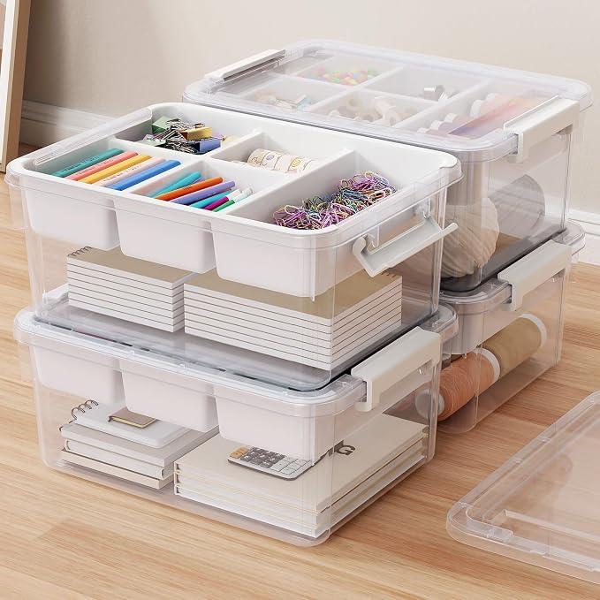 80Qt Stackable Storage Bins with Lids Trays Craft Box Organizers, 4Pack,WH | Clear Plastic Latching Boxes Organizers with Dividers Portable Containers for Arts & Crafts, Home Office Classroom Car Trunk